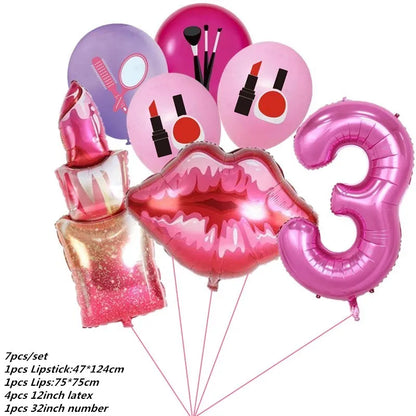 Make Up Theme Birthday Disposable Tableware Paper Plate Cups For Spa Makeup Girl Party Lipstick Red Lips Balloon Valentines Gift
