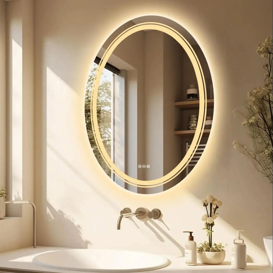 2 Sizes High Lumen Large Antifog Oval LED Bathroom Mirror Wall Makeup Vanity Mirror Smart Touch 3 Color Light Dimmable