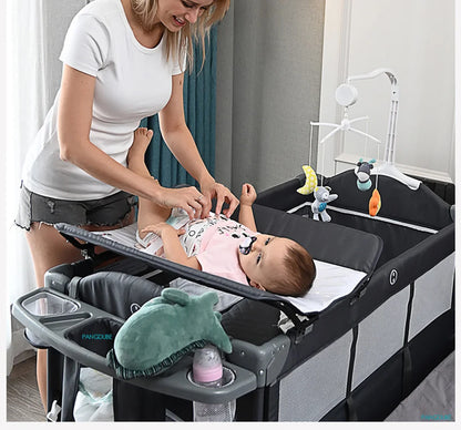 PANGDUBE 4-in-1 Baby Crib Multifunctional Convertible Bed with Rocker & Baby Playpen Newborn Changing Table Foldable Travel Cot