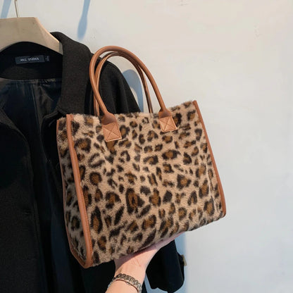 Winter Faux Fur ,Leopard Print Designer Shopper Totes, Fashion Soft Plush Women Shoulder Bags, Large Capacity Handbags and Purse