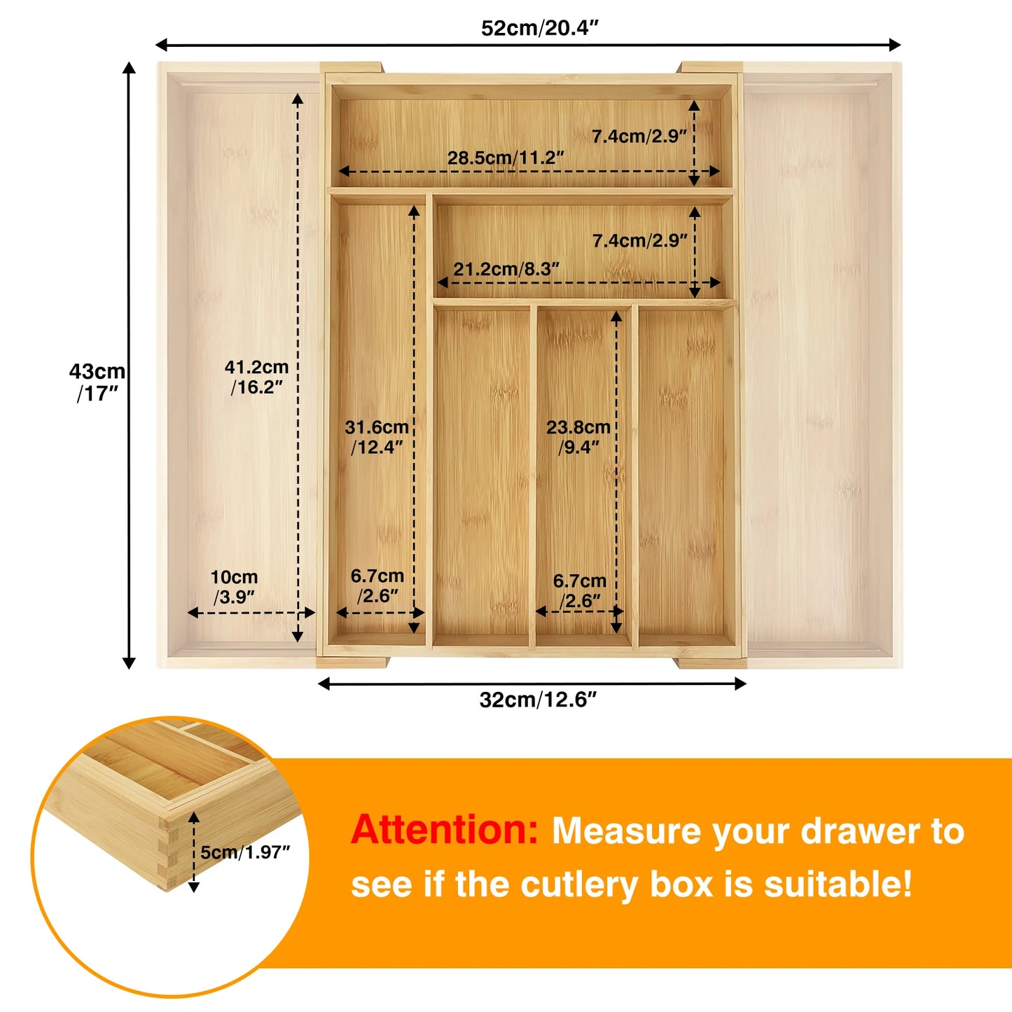 Kitchen Cutlery Drawer Organizer with 6 - 8 Compartments, Ideal Storing Knives, Forks and Other Utensils Cutlery Organizer Tray