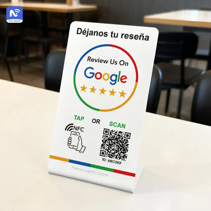 Spanish English QR code NFC Standing Sign Google review NFC215 Review Stand Click URL Unlimited Modification Editing QR Codes