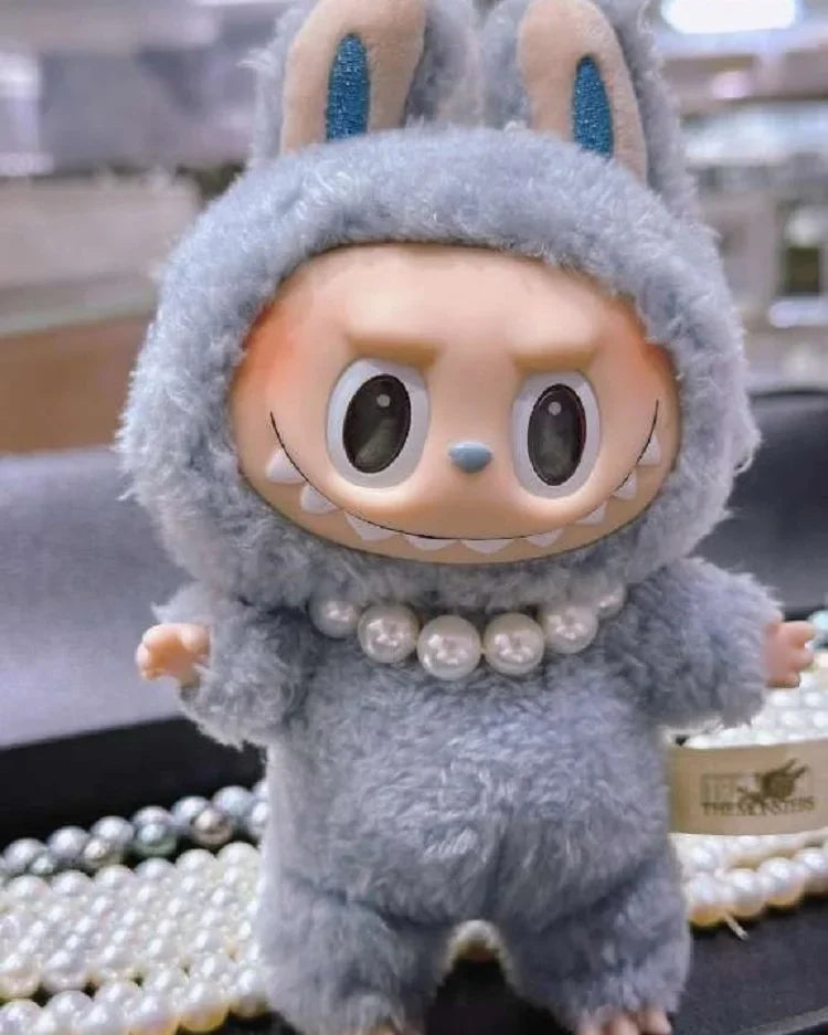 17cm Labubu Macaron Sitting Party Ornament DIY Cute Cartoon Plush Pendant Pearl Necklace Chain Alloy Accessory