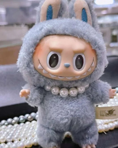 17cm Labubu Macaron Sitting Party Ornament DIY Cute Cartoon Plush Pendant Pearl Necklace Chain Alloy Accessory