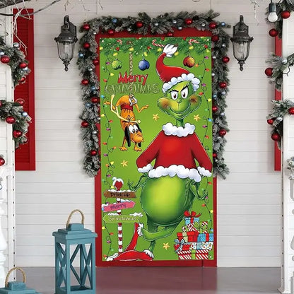 Christmas door banner, Christmas door hanging, Christmas decoration outdoor, Christmas background door hanging (green Grinch)