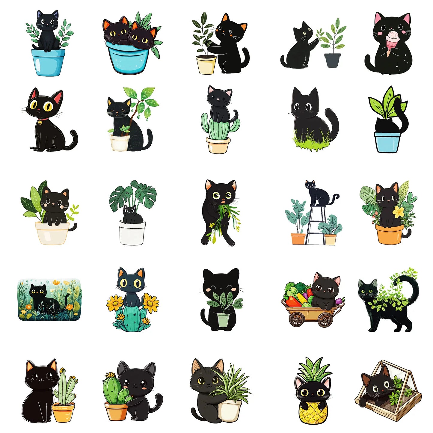 50Pcs hand drawn plant black cat graffiti decoration stickers cartoon water cup guitar computer skateboard stickers