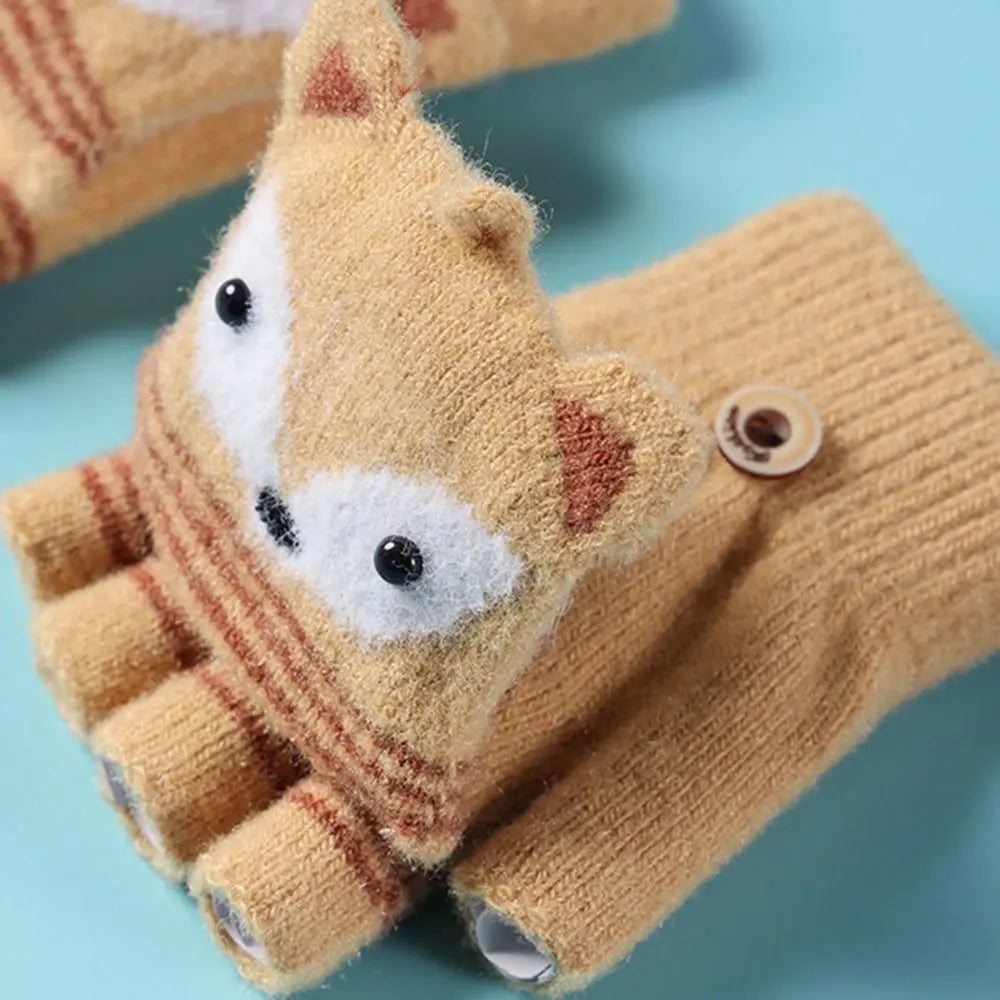 Flip Fingerless Gloves Autumn Winter Children Knitted Gloves Cute Cartoon Fox Warm Half-Finger Gloves