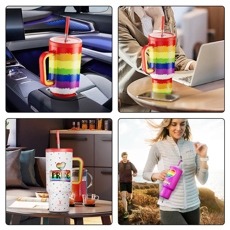 Meoky Cup 40oz Large Tumbler Straw Cup with Lid leak-proof Sainless Steel Vacuum Insulated Car Mug Water Bottle Pride Month