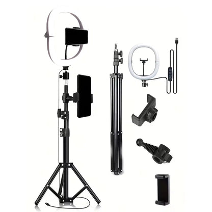 10-Inch LED Ring Light Foldable with 1.1m Tripod Stand +O-Clamp,3 adjustable lighting modes for Photography, Live Stream, Makeup