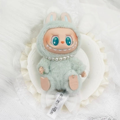 17cm Labubu Macaron Sitting Party Ornament DIY Cute Cartoon Plush Pendant Pearl Necklace Chain Alloy Accessory