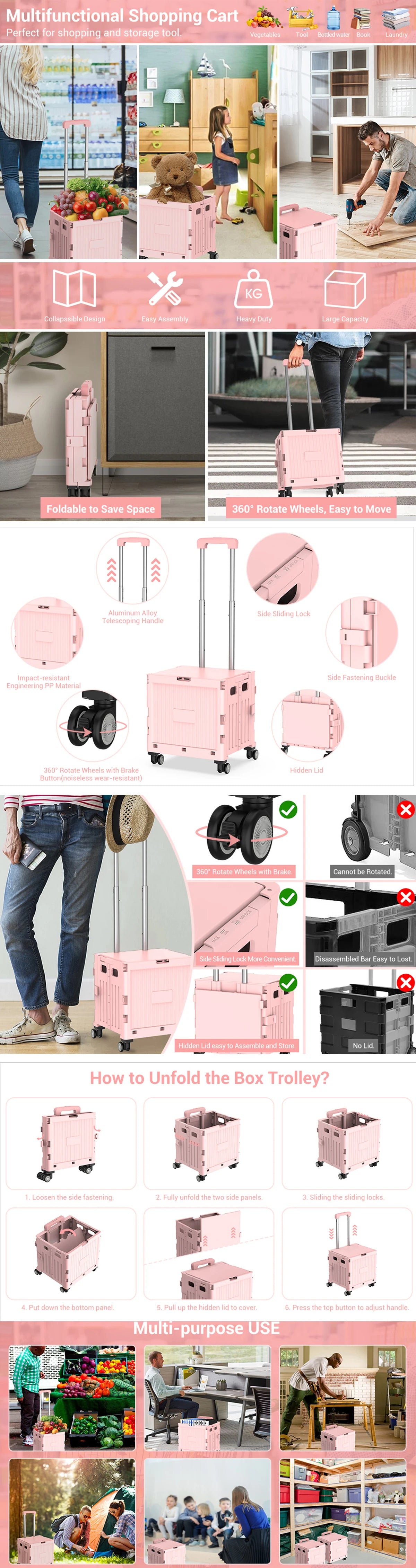 Foldable Utility Cart Mobile Folding Cart with Lid 360°Rotate Large Capacity Portable Shopping Hand Trolley for Travel Camping