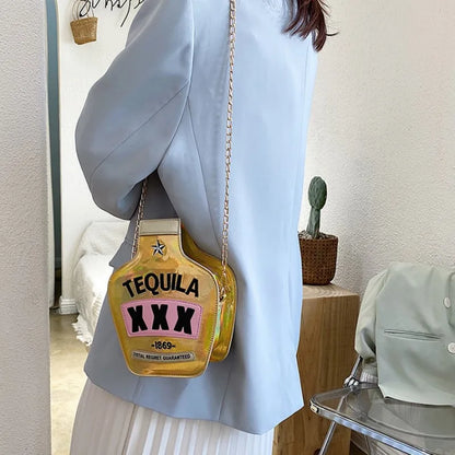 Ladies Fashion Creative Funny Personalized Laser Sequin Letter Wine Bottle Crossbody Shoulder Bag