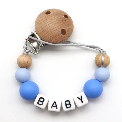 NEW Custom Personalized Name Pacifier Clip Handmade Beech Wooden Chain Silicone Crown Holder Soother Baby Teething Toy Chew Gift