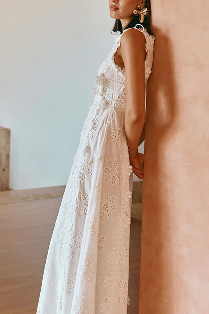 2025 Summer New Fashion Lace Embroidery Women Strap Resort Slimming Long Dress Simple Solid Color Female Banquet Dresses