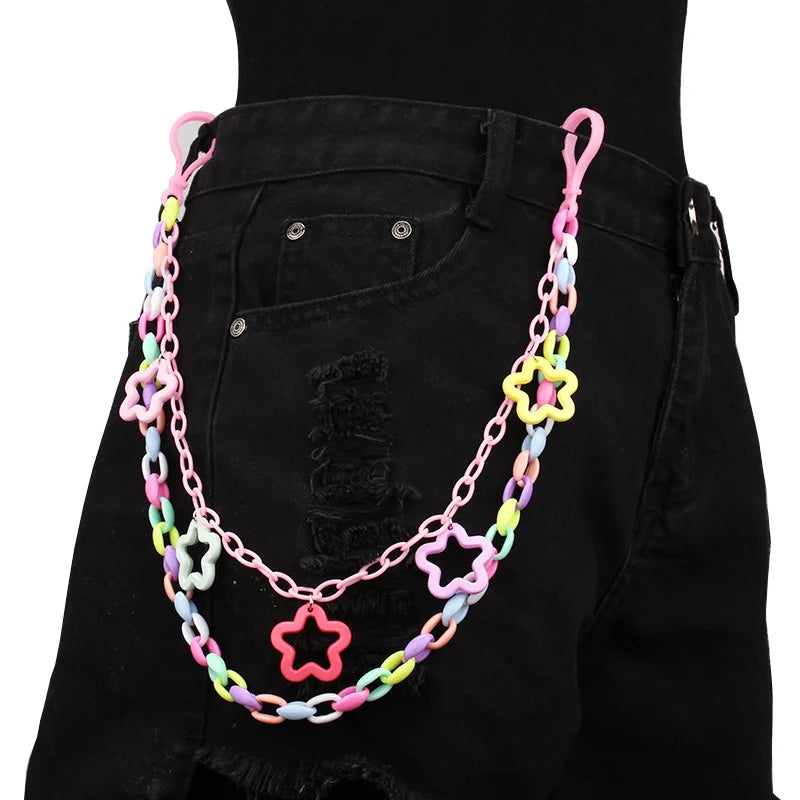 Doulbe Layered Pink Color Strawberry Resin Chain Keychains Women Girls Hip Hop Waist Chain Pants Trousers Chain Bohemian Jewelry