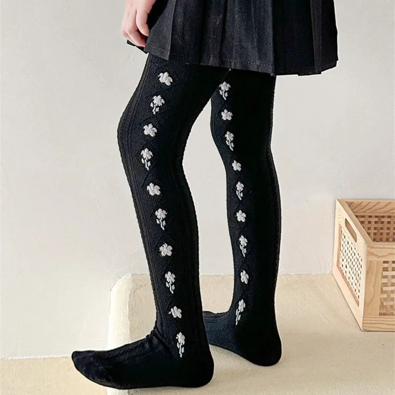 1-12Years Kids Autumn Elastic Tights Jacquard Soft Teenager Leggings Girls Knit Cotton Pantyhose Sweet Cute Baby Bottom Clothes