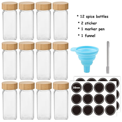 5/12Pcs Glass Spice Jars with Bamboo Lid Spice Seasoning Containers Salt Pepper Shakers Spice Organizer Kitchen Spice Jar Set
