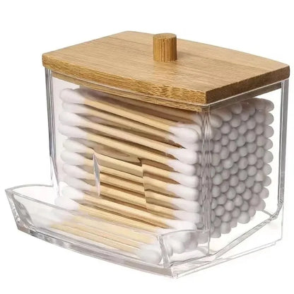 Cotton Swab Storage Box Double Head Cotton Buds Container Transparent Square Bamboo Cover Cotton Swab Toothpick Organize Box