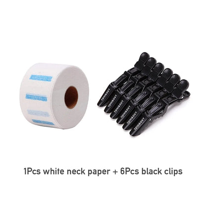 Hot 6pcs/lot Plastic Hair Clip Hairdressing Clamps With 1 Roll Disposable Haircut Necks Hairdressing Collar Hairdressing Set