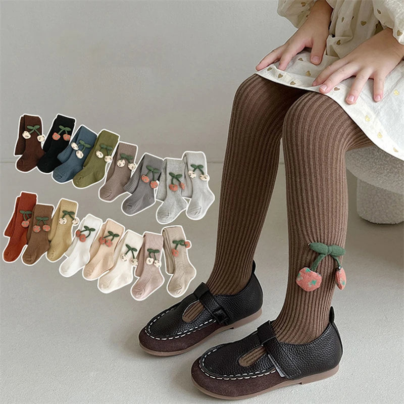 Girls Cotton Tights with Cherry Pattern - Soft Pantyhose for Kids Ages 2-10 Years