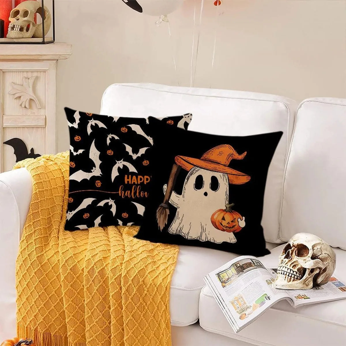 Halloween themed cushion cover set of 4 Pumpkin skull and ghost pattern 45*45cm