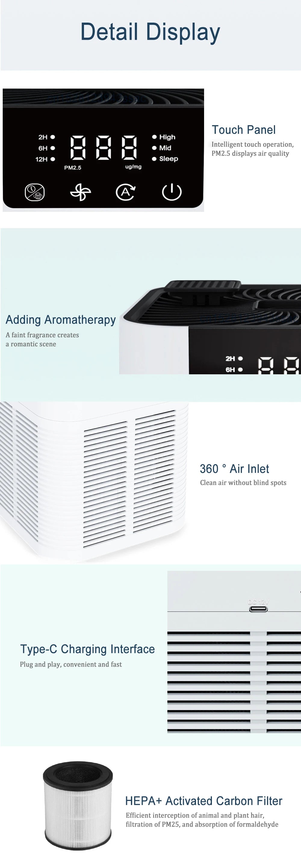 Air Purifier Portable Desktop Air Freshener For Home Allergies and Pets Hair, Smokers in Bedroom HEPA Filter Air Cleaner