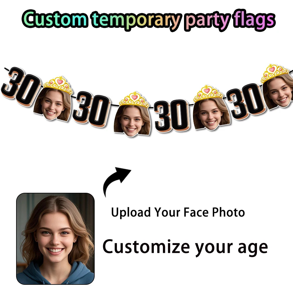 1set 8pcs Custom Birthday Photo Banner Personalized Face Photo Bunting Banner for Adult Birthday Party Favors Birthday Banner