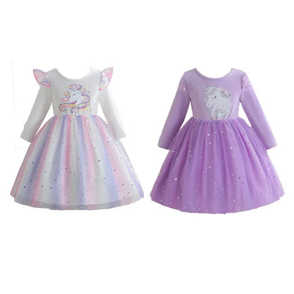 2024 Girls Long Sleeve Unicorn Birthday Dress Casual Children's Wear Rainbow Princess Skirt Sequins Mesh Gown