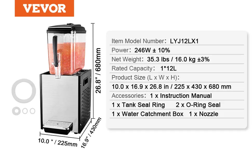 VEVOR 10L 12L 18L Commercial Beverage Dispenser Stainless Steel Ice Juice Tea Drink Machine with Cooling Function for Bar Party