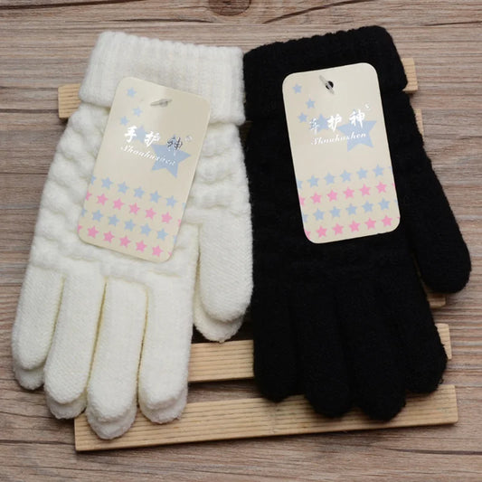 Winter Children Knitted Gloves Thick Woolen Kids Five Fingers Glove 8-15year Boy Girl Baby Hand Warmer Black White Fleece Mitten