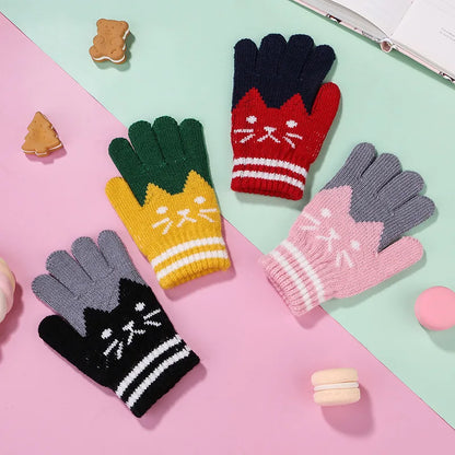 Cute Cartoon Kids Knitted Gloves Thick Fleece Children Five Finger Mittens 4-10Year Boys Girls Winter Hand Warmer Fashion Gloves