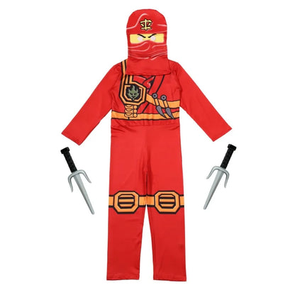 Boys Japanese Ninja Costume with Cartoon Anime Print Red Jumpsuit, Mask and Ninja Fork Accessory Set Halloween Dress Up Party