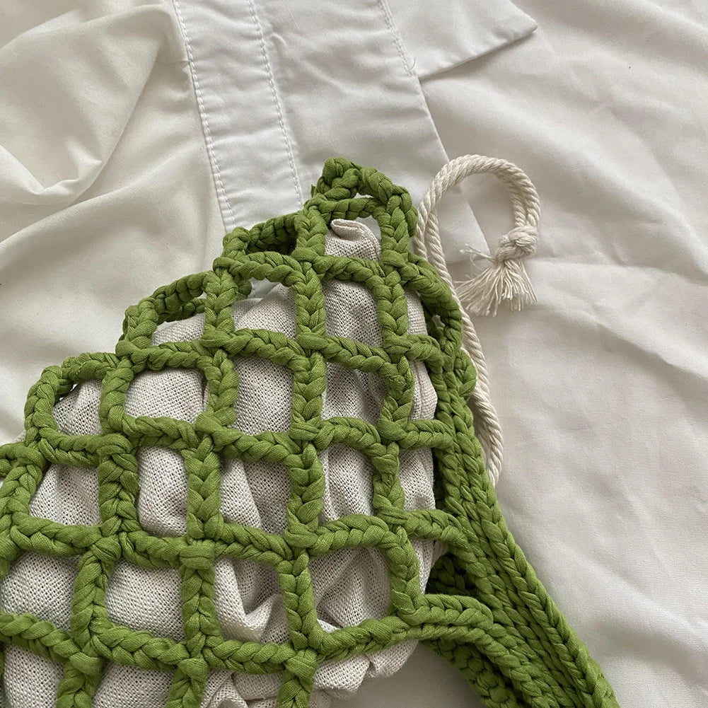Summer Cotton Thread Woven Handbag Women Crochet Beach Bag Hollow Out Knitting Mini Top-Handle Bag Straw Mesh Boho Wristlet Bags