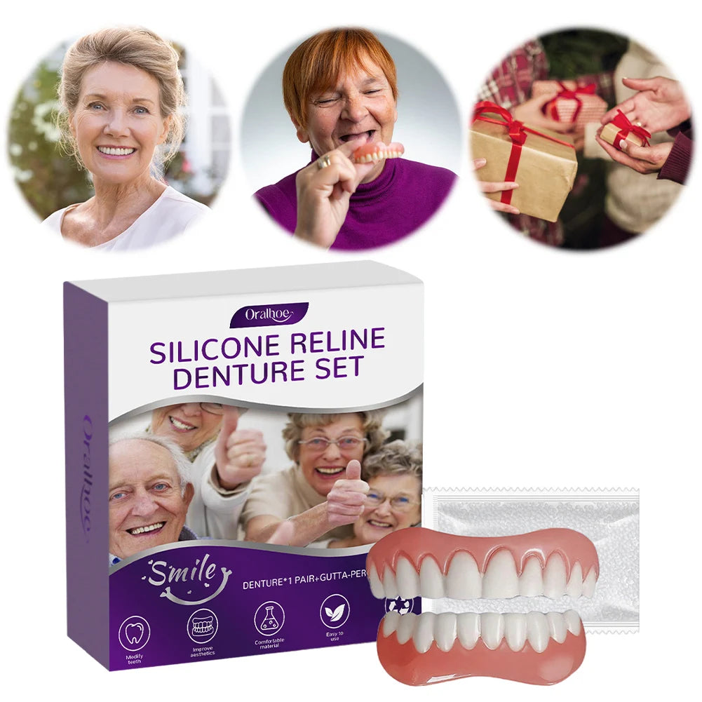 Silicone Reline Denture Set Wear-Resistant Soft Dentures False Teeth Non-Toxic Teeth Upper and Lower Set for Men Women