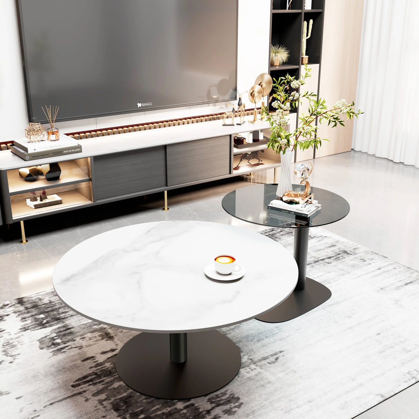 Modern Coffee Table Set, Round Nesting Table, Beech Wood, Sintered Stone and Glass, Set of 2 for Living Room Offoce