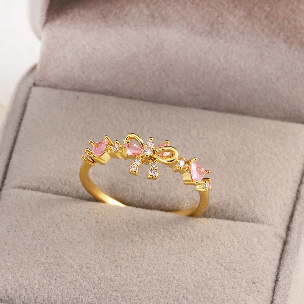 Pink Zircon Bow Heart Rings For Women Gold Plated 18K Plated Adjustable Heart Ring 2026 Trend Wedding Aesthetic Jewelry Gift