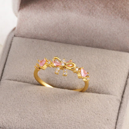 Pink Zircon Bow Heart Rings For Women Gold Plated 18K Plated Adjustable Heart Ring 2026 Trend Wedding Aesthetic Jewelry Gift