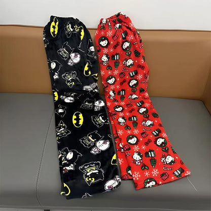 Sanrio Y2k Autumn Hellokitty Batman Pajama Pants Cartoon Hip Hop Ladies Warm Casual Plush Flannel Cute Pants Clothing Xmas Gift