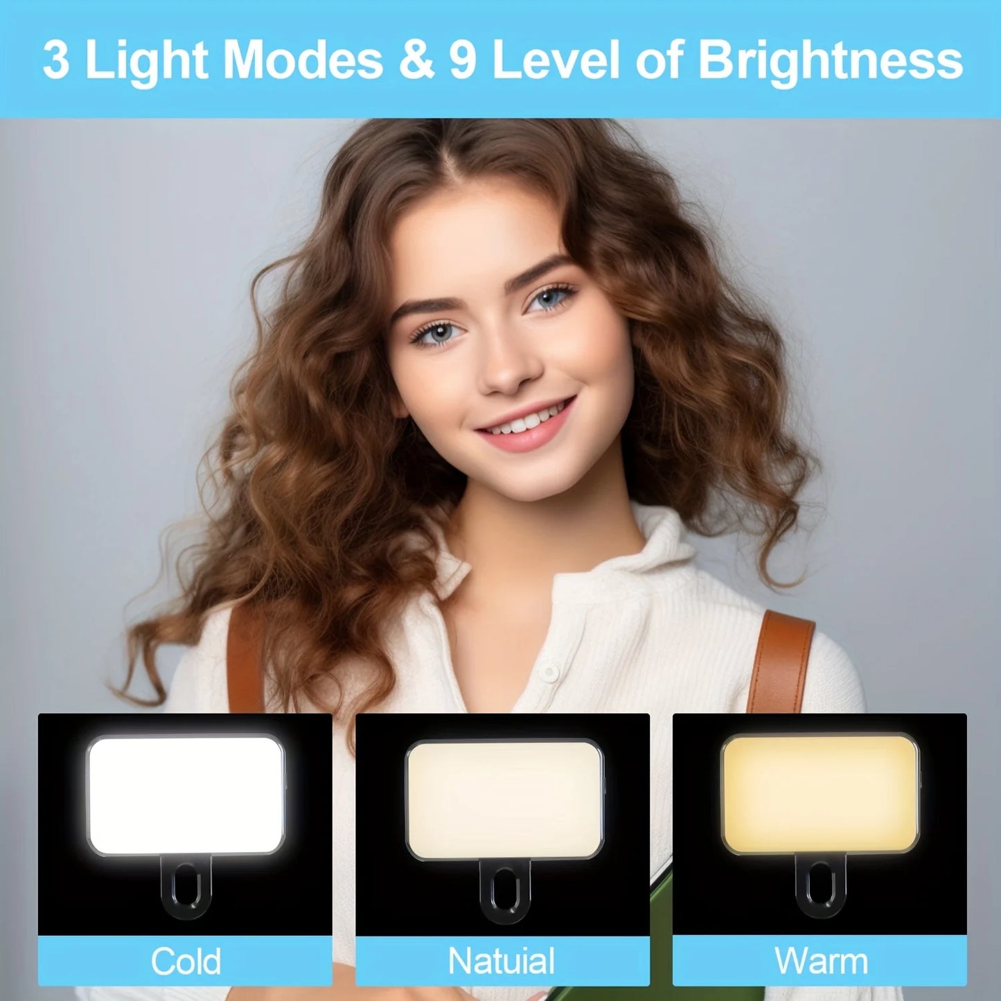 Selfie Fill Light – Mini Clip-on LED, Rechargeable, 3 Color Modes & Adjustable Brightness for Phones & Computers