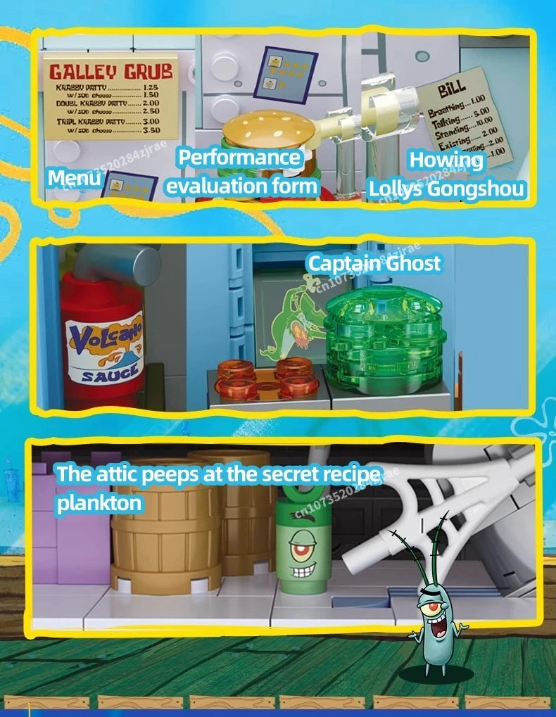 Spongebob building block cartoon Krusty Krab creative restaurant scene model Patrick Star assembly toy children's birthday gift