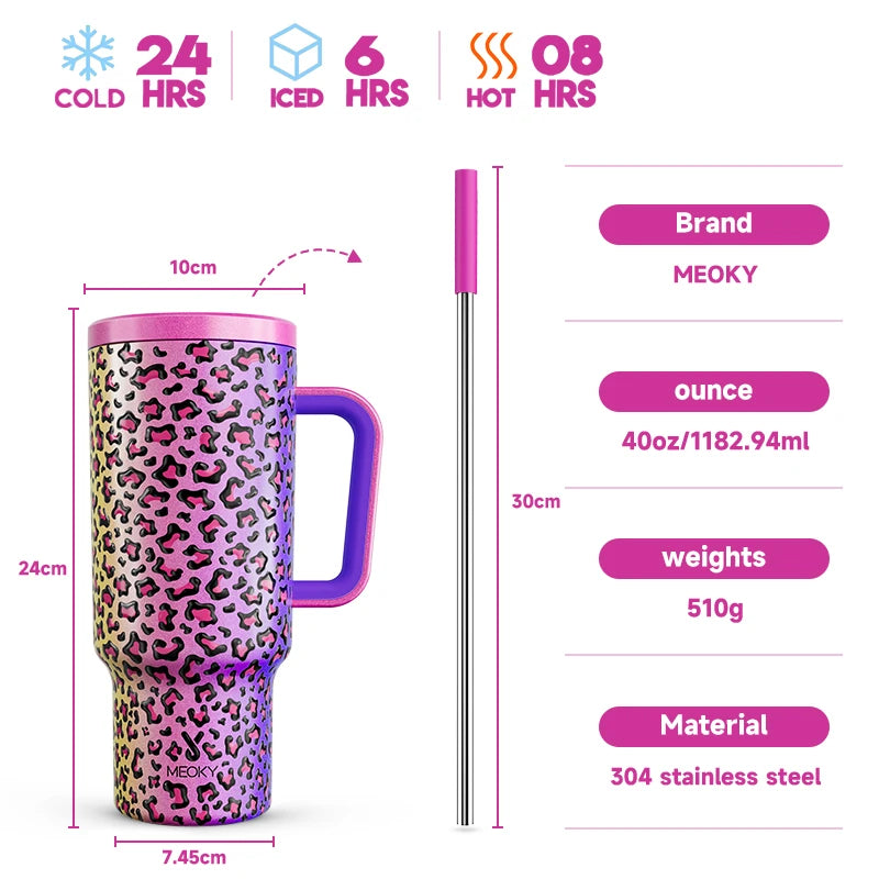Meoky 40oz Cup Tumbler with Handle Straw Stainless Steel Multi-Prints Coffee Cup Travel Water Bottle Leak-Proof Car Mug Gifts