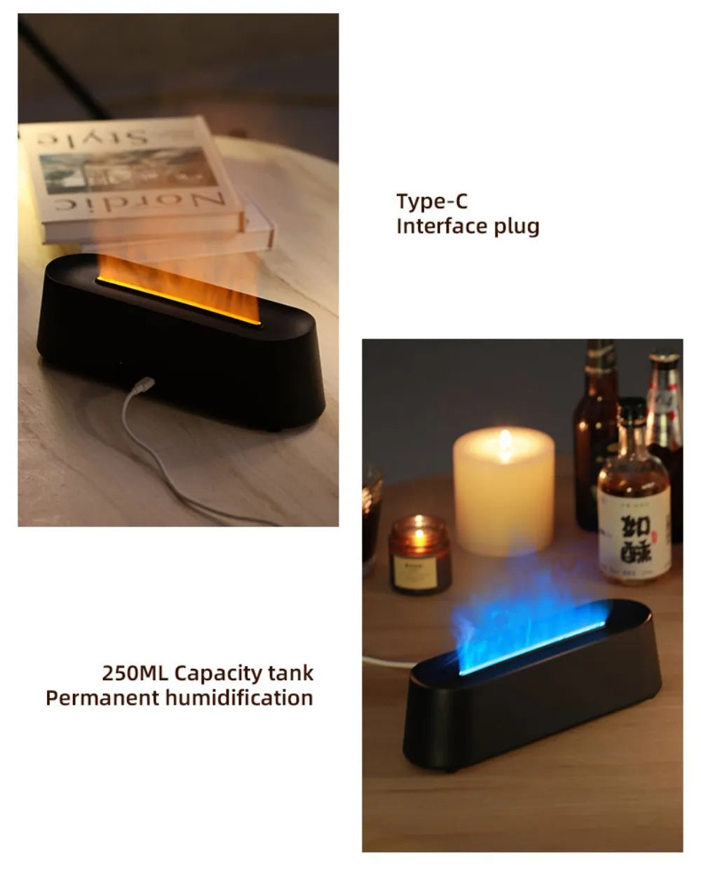 Luftbefeuchter mit Flammen-Aromatherapie-Diffusor, der ätherische Öle in 7 Farben aufnehmen kann, mit Timer und USB-Anschluss für den Schreibtisch.