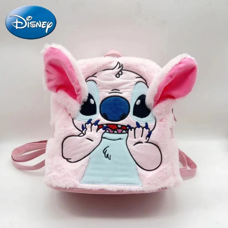 Disney 2025 New Cartoon Plush Doll Shoulder Bag Sweet and Cute Stitch Strawberry Bear Soft Cute Girls Handbag