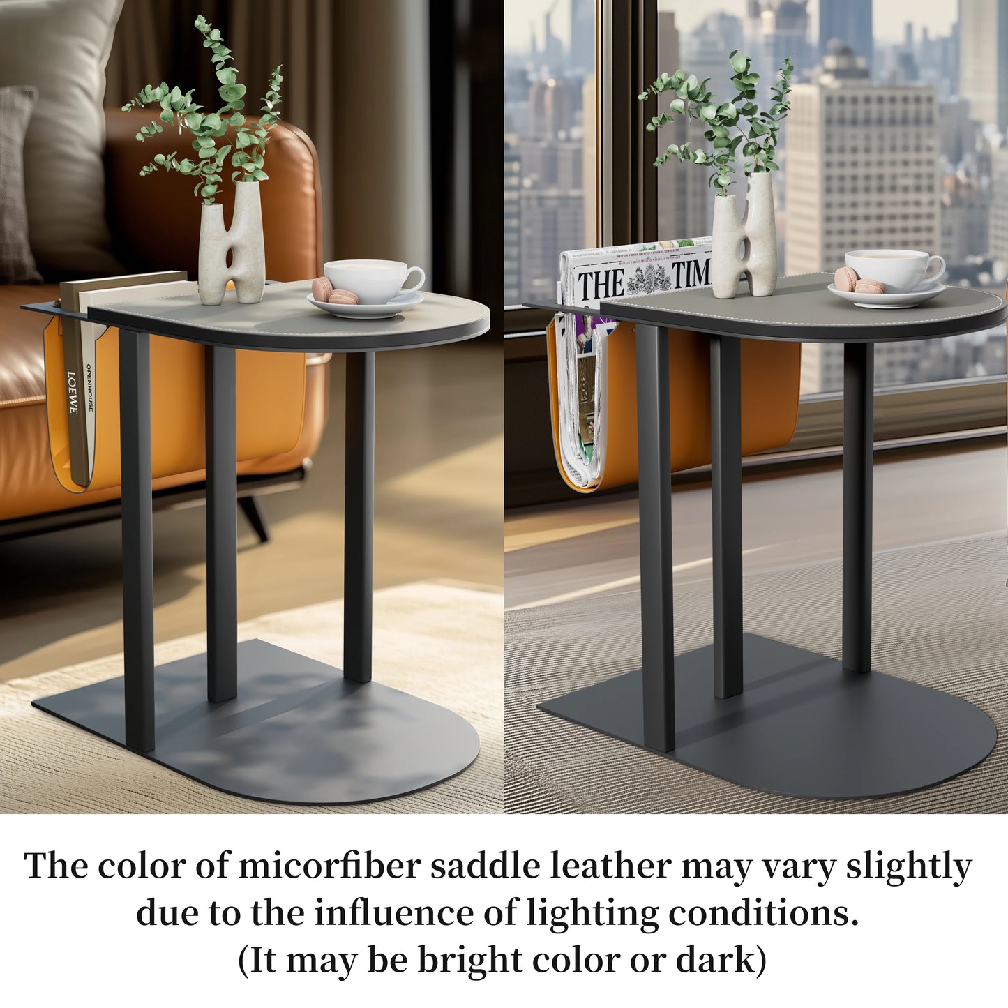 Light-Luxury Narrow Sofa Side Table, Saddle Leather Top, Bedside End Table, Magazine Rack for Living Room and Bedroom