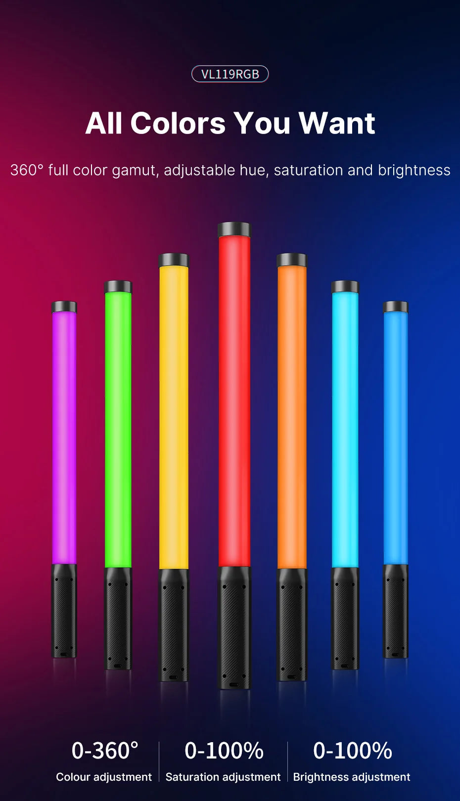 Ulanzi VL119 Stick Light RGB Handheld Wand Tube LED Video Light CRI 95+ 2500K-9000K 2000mAh Photography Lighting Fill Lamp
