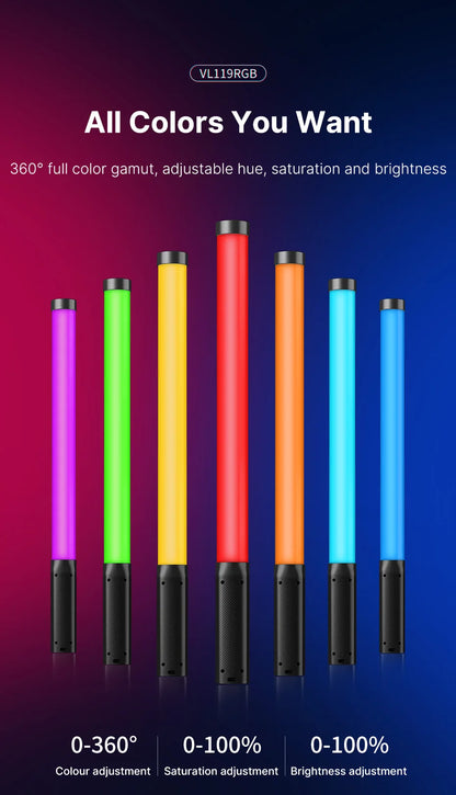 Ulanzi VL119 Stick Light RGB Handheld Wand Tube LED Video Light CRI 95+ 2500K-9000K 2000mAh Photography Lighting Fill Lamp