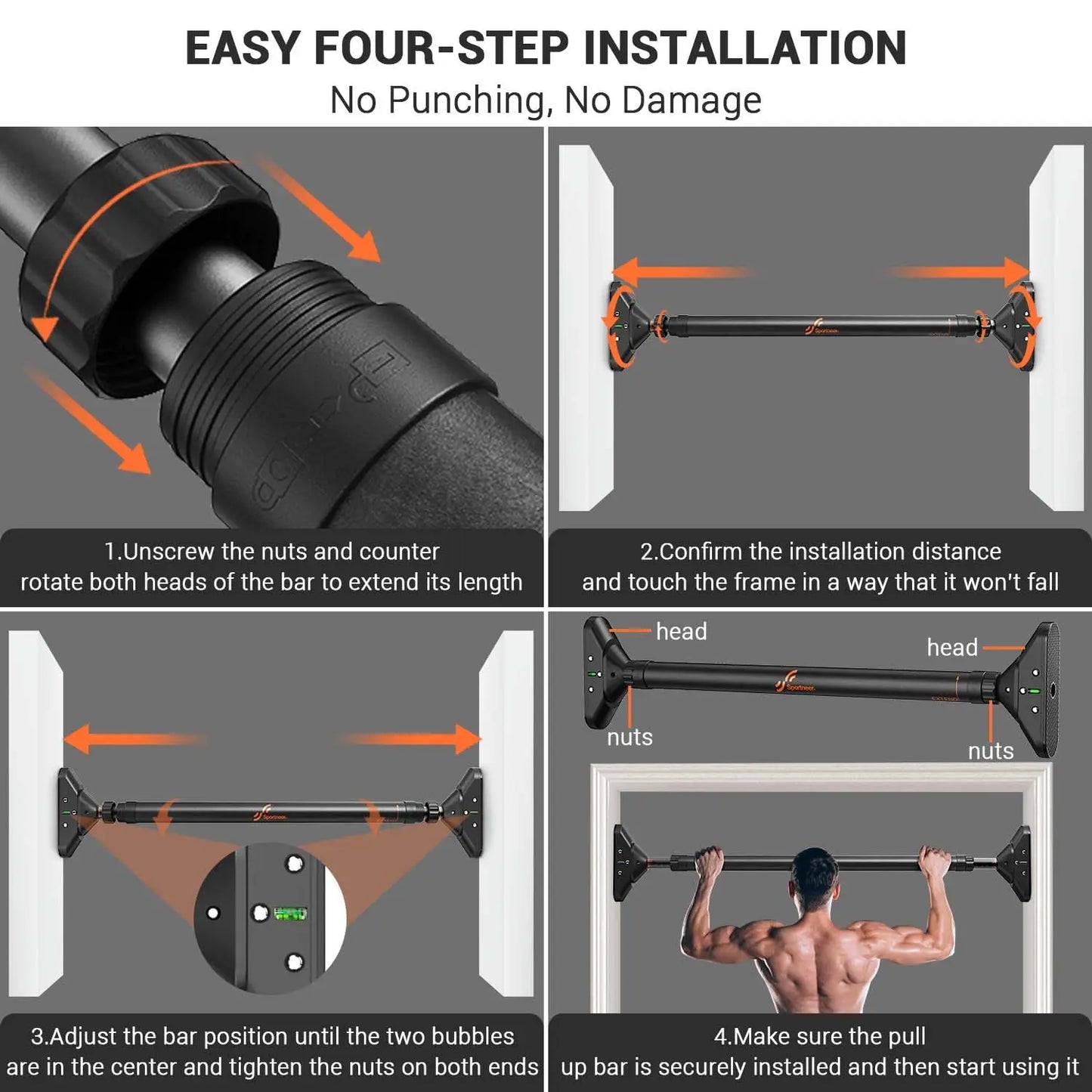 Sportneer Indoor Home Pull Up Bar Adjustable Width Strength Training Chin up Bar without Screws Max 440lbs for Fitness Exercise