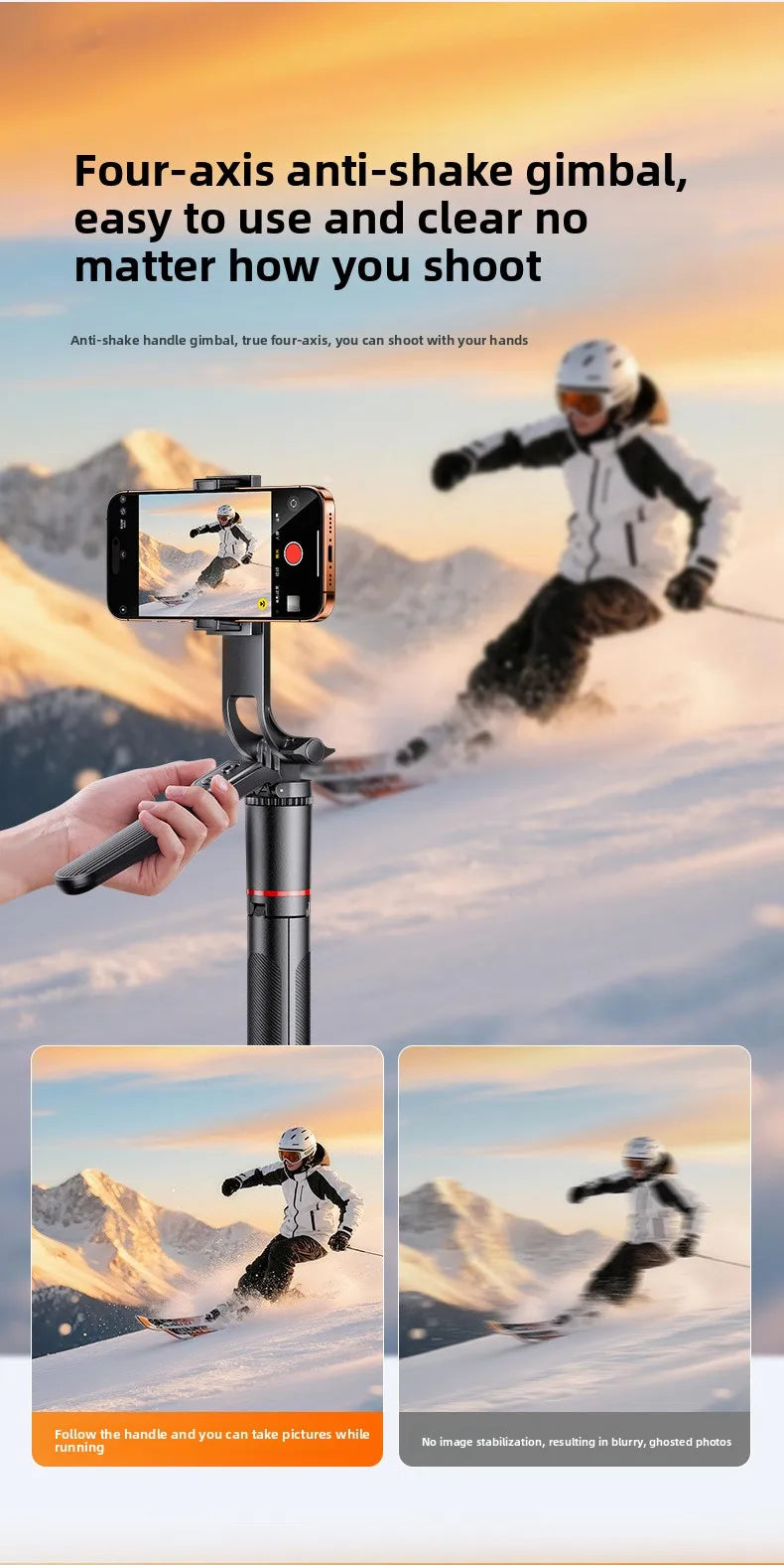 4-Axis Phone Selfie Stick Tripod 360° Anti-Shake 1.85m Extendable - 20m Bluetooth Remote for Vlog Live Streaming Travel