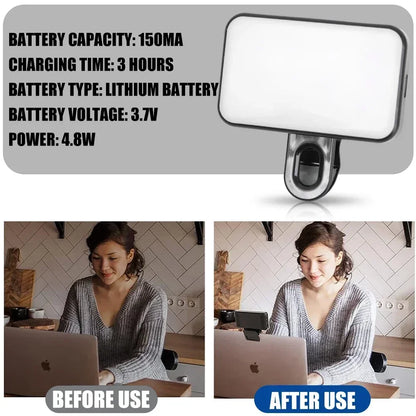 Mini Selfie Fill Light Rechargeable Adjustable Brightness Clip on 3 Mode Led Light for Mobile Phone PC Laptop Clip Filllight