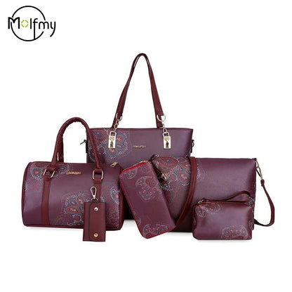 6/Piece Set Mother Handbag Vintage Tote Bags Printed High Quality Women's Bag Trend One Shoulder Crossbody Women Handbags Purse